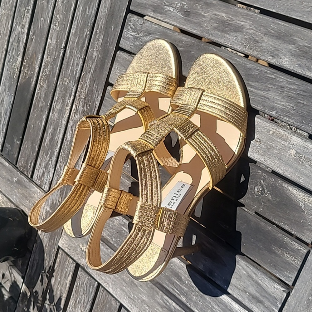 La Fenice Venezia 7.5 gold leather sandals heels shoes